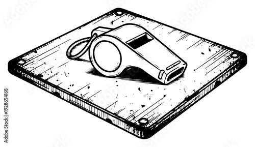 Isometric hand drawn illustration of a referee whistle on a wooden surface