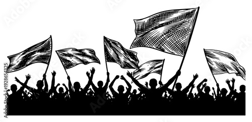 Cheering soccer fans silhouette holding large flags during a stadium match