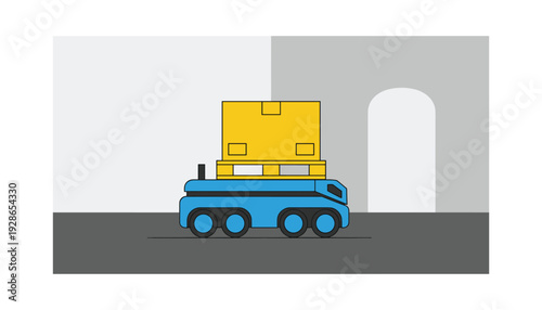 Modern blue truck transporting large yellow box in industrial setting