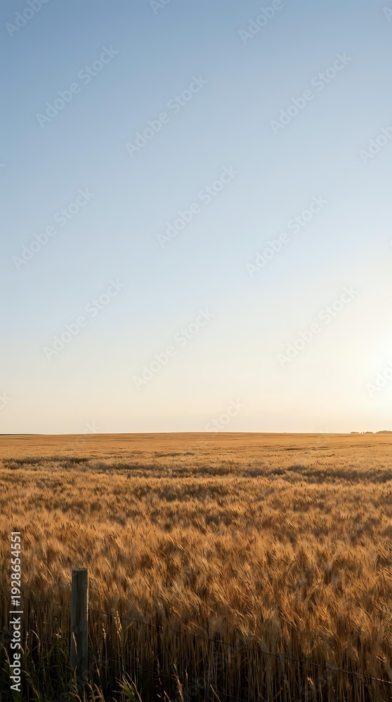 Obraz premium Golden wheat field stretching to horizon under soft evening sky with fence post in foreground creating peaceful rural agricultural landscape scene.