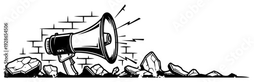 Vintage hand drawn megaphone illustration in front of a brick wall with rubble and debris