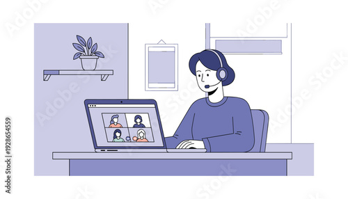Smiling businesswoman in headset engaged in virtual meeting with colleagues online