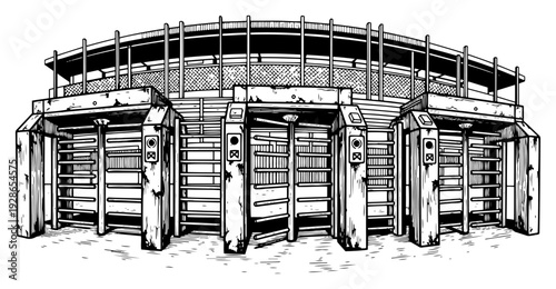 Detailed architectural sketch of stadium entrance turnstiles in a hand drawn vintage style