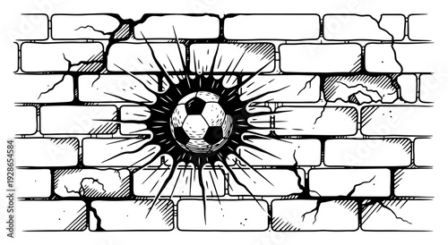 Soccer ball crashing through a brick wall with heavy impact cracks and hatching