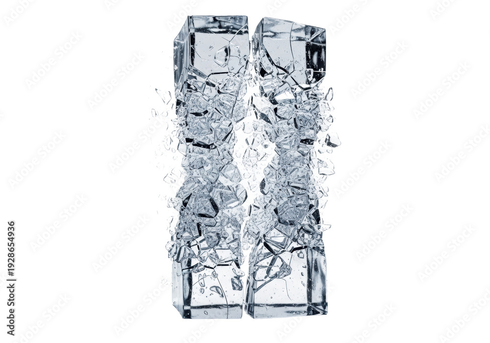 Fototapeta premium Photorealistic cgi of clear crystalline ice violently fragmenting into geometric, razor-sharp shards, suspended mid-air against a clinical white studio void, concept of destructive perfection