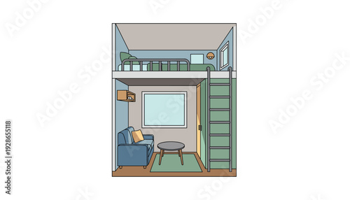 Cozy modern loft with comfortable living space and green accents