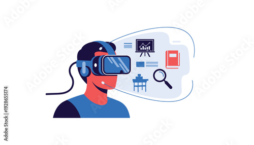 Person wearing virtual reality headset with digital icons