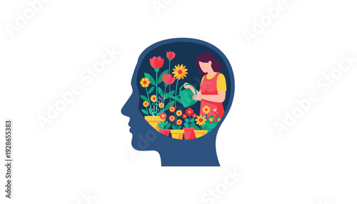 Woman nurturing flowers in thought bubble, symbolizing growth