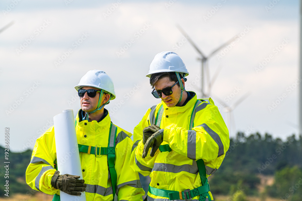 Fototapeta premium Wind energy engineers coordinating grid infrastructure deployment at renewable power plant. Technical specialists reviewing turbine maintenance schematics.