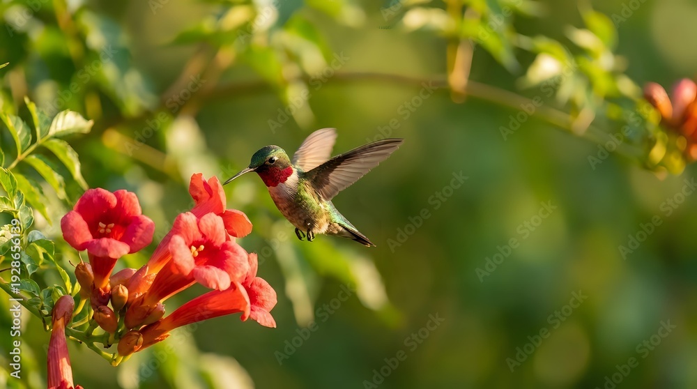 Obraz premium Tiny hummingbird with iridescent feathers hovers near vibrant red trumpet flowers in lush garden setting with soft bokeh background during golden hour light.