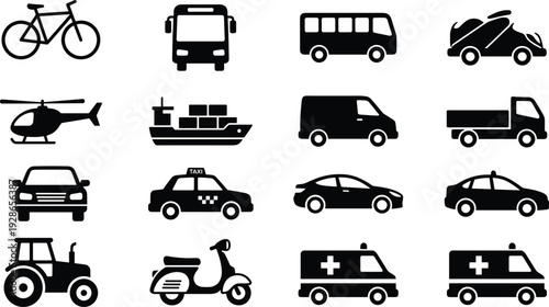 Transportation vehicle icon set featuring bicycle, bus, helicopter, ship, taxi, ambulance, truck, and various transport symbols for mobility and logistics design
