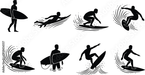 Surfing silhouette collection showing surfers riding waves, paddling, and performing tricks, representing ocean adventure, water sports lifestyle, and summer activity illustration