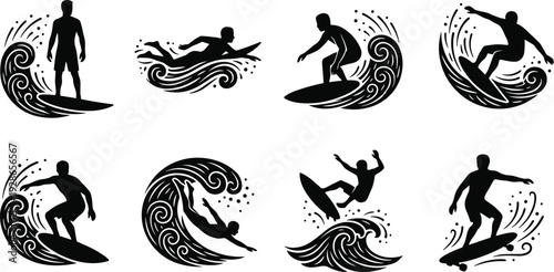 Surfing silhouette icons featuring surfers riding dynamic ocean waves, performing tricks and actions, representing water sports adventure and summer lifestyle activitySurfing 