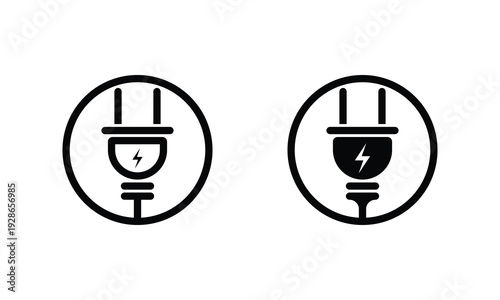 Dual Line Power Plug Icons with Lightning Bolt, Simple Black Outline Vector Illustration