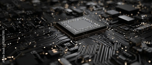 Close-up view of a dark integrated circuit board with a central processing unit, showcasing complex components