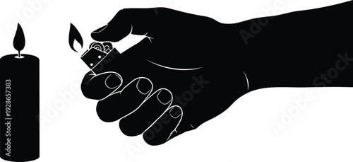 Hand lighting candle with lighter silhouette illustration symbolizing remembrance, memorial, spirituality, hope, mourning ritual, peaceful atmosphere, and symbolic candlelight moment