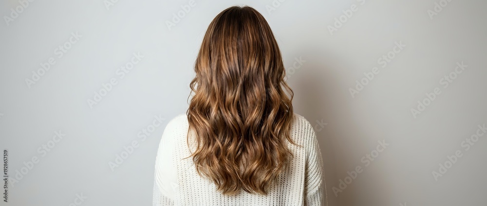 Fototapeta premium Young woman with long wavy brown hair wearing white knit sweater standing with back turned against neutral background for hair care concepts.