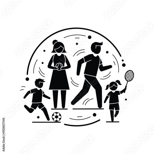 Family engaged in various sports activities together.