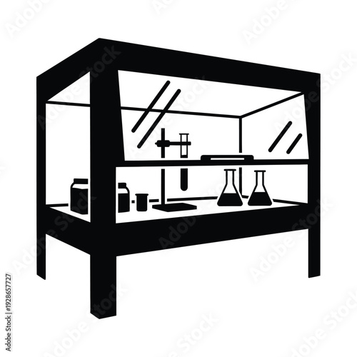 Laboratory Fume Hood with Glassware and Chemical Bottles.