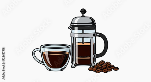 Vector illustration of a coffee maker with a cup of coffee and coffee beans