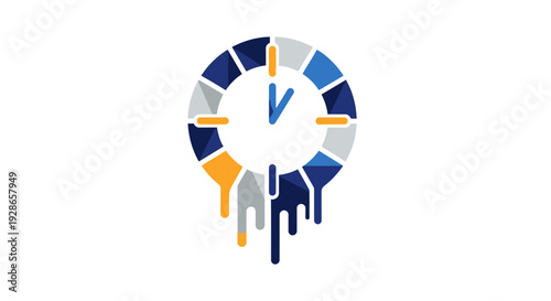 Abstract melting clock face with colorful segments.