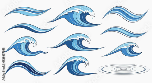 A set of blue wave vector graphics and illustrations in various styles and designs