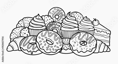 Bakery illustration with donuts, cupcakes, cookies, croissants, and cake