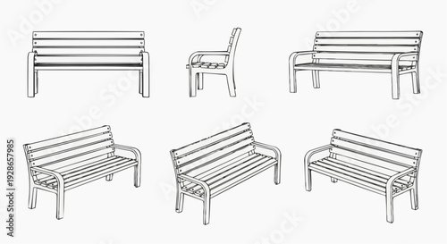 A set of six different models of park benches in a minimalist linear art style
