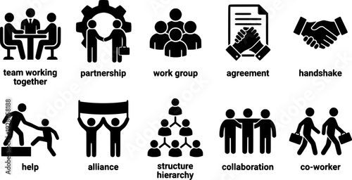 set of silhouette icons Business teamwork. Containing team working together, partnership, work group, agreement, handshake, help, alliance, structure hierarchy, collaboration, co-worker, cooperat