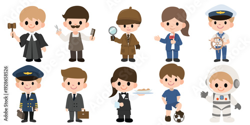 Cute kids in various jobs set. Smiling little boys and girls in uniform with professional equipment colorful, Career, occupation, work, for labor day, may day, vector illustrations