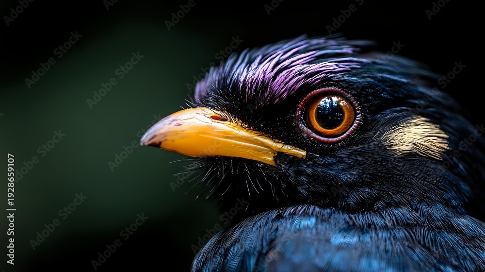 Fototapeta premium Close-up portrait of black corvid bird with iridescent blue purple feathers and bright orange eye against dark blurred background for wildlife photography.
