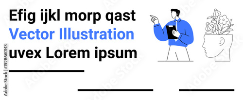 Creativity, education, mindfulness, human development, self-improvement, abstract concepts. A person pointing with clipboard and floral head outline. Creativity and education concept