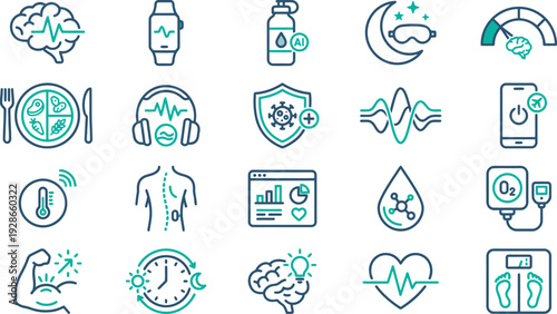 Collection of wellness monitoring icons covering fitness, sleep, nutrition, and vital signs tracking