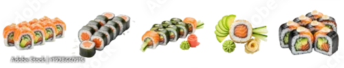 Obraz  z motywem isolated the esin sushi fake food model sushi art salmon nigiri isolated on white background PNG set collection..