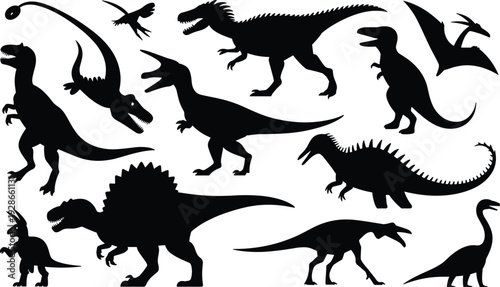 Dinosaur silhouettes collection, prehistoric animals illustration, diverse species morphology, educational nature art, ancient wildlife comparison, fossil era design, reptile evolution