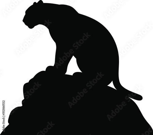 Panther leopard silhouette, big cat sitting rock, wildlife predator illustration, strong feline nature art, solitude stealth observation, dramatic animal design