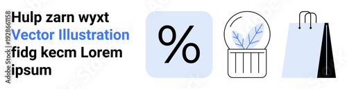 E-commerce, retail discounts, holiday shopping, promotions, gift ideas, consumer trends. Percentage symbol, snow globe and shopping bag. E-commerce and retail discounts