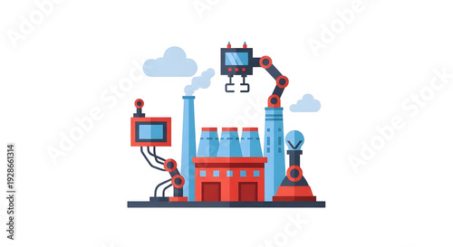 Automated factory with robotic arms and industrial buildings
