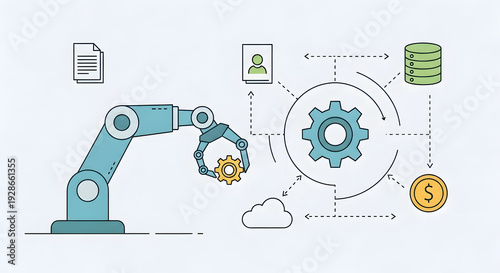 Robotic arm and gear with data and money icons
