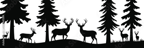 Deer silhouettes, forest artwork, wildlife illustration, nature design, woodland scene, animal silhouette, antlered buck, pine trees, tranquil habitat, outdoor ecology
