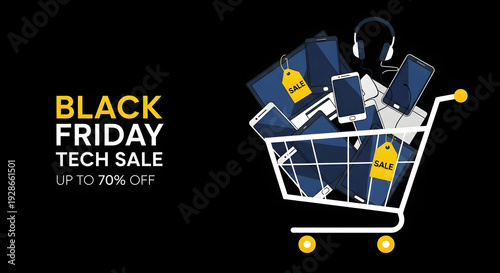Black Friday tech sale with shopping cart full of gadgets