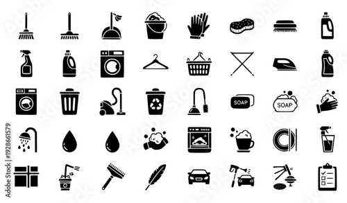 Household Cleaning and Laundry Solid Icon Set with Tools Appliances Detergents and Home Maintenance Symbols for Service Apps and Vector Design