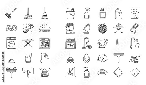 Household Cleaning and Home Maintenance Outline Icon Set with Tools Appliances Laundry Supplies and Hygiene Symbols for Service Apps and Vector Design