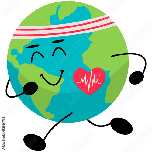 World Health Day Illustration. World health day cards set with heart and planet mascots. 70s retro cartoon chcracters and lettering. Linear hand drawn flat vector illustration. world health day. Steth