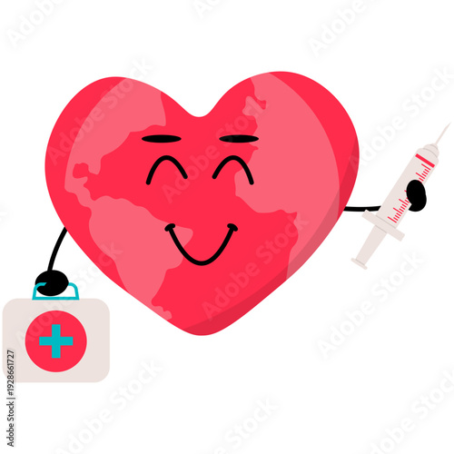 World Health Day Illustration. World health day cards set with heart and planet mascots. 70s retro cartoon chcracters and lettering. Linear hand drawn flat vector illustration. world health day. Steth