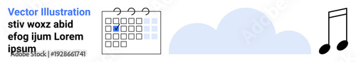 Scheduling, time management, cloud storage, music streaming, data organization, and reminders. A calendar with a marked date, a cloud and musical notes. Scheduling and cloud storage concept