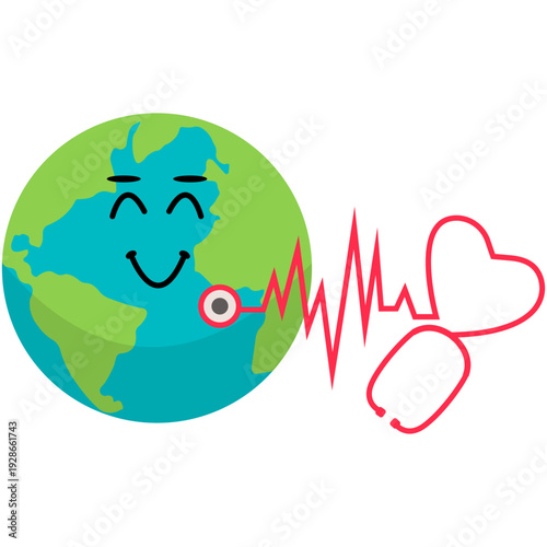 World Health Day Illustration. World health day cards set with heart and planet mascots. 70s retro cartoon chcracters and lettering. Linear hand drawn flat vector illustration. world health day. Steth