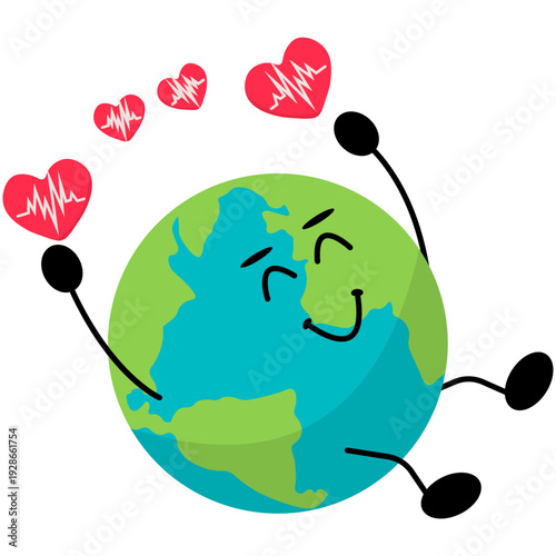 World Health Day Illustration. World health day cards set with heart and planet mascots. 70s retro cartoon chcracters and lettering. Linear hand drawn flat vector illustration. world health day. Steth