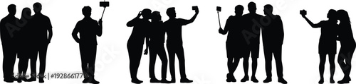 Group of people silhouettes taking selfies with smartphones and selfie sticks, symbolizing modern social behavior, technology, friendship, digital lifestyle illustration