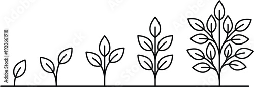  Minimalist Line Art Plant Growth Stages Vector Illustration with Sprout to Mature Bush Progression for Nature Education Motivation and Sustainability Designs